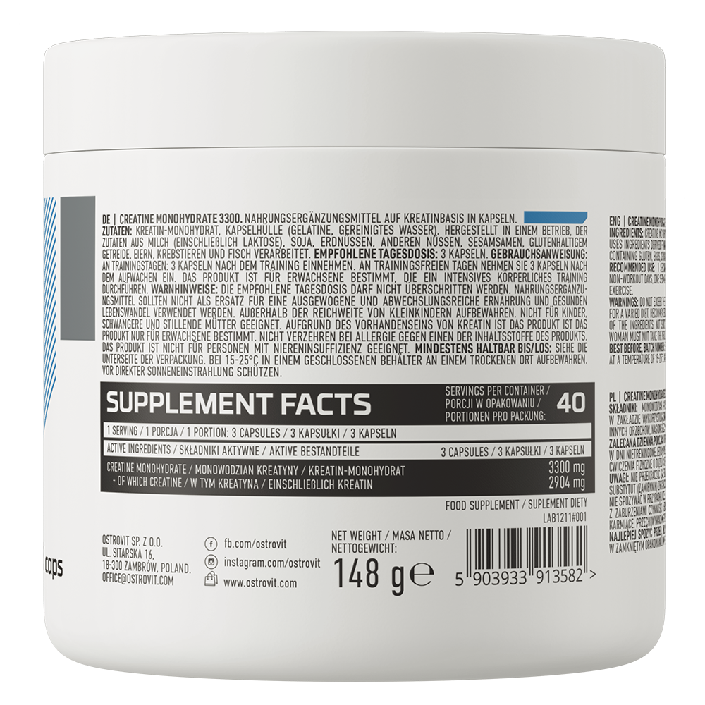 OstroVit Creatine Monohydrate 3300 mg 120 caps rótulo traseiro