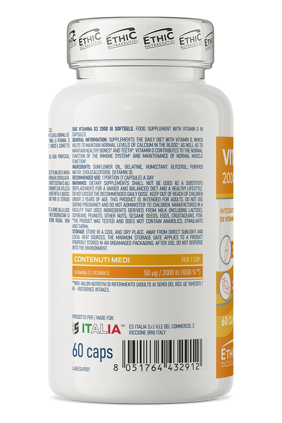 EthicSport Vitamina D3 2000 UI (60 Cápsulas) – Inmunidad, Salud Ósea y Rendimiento