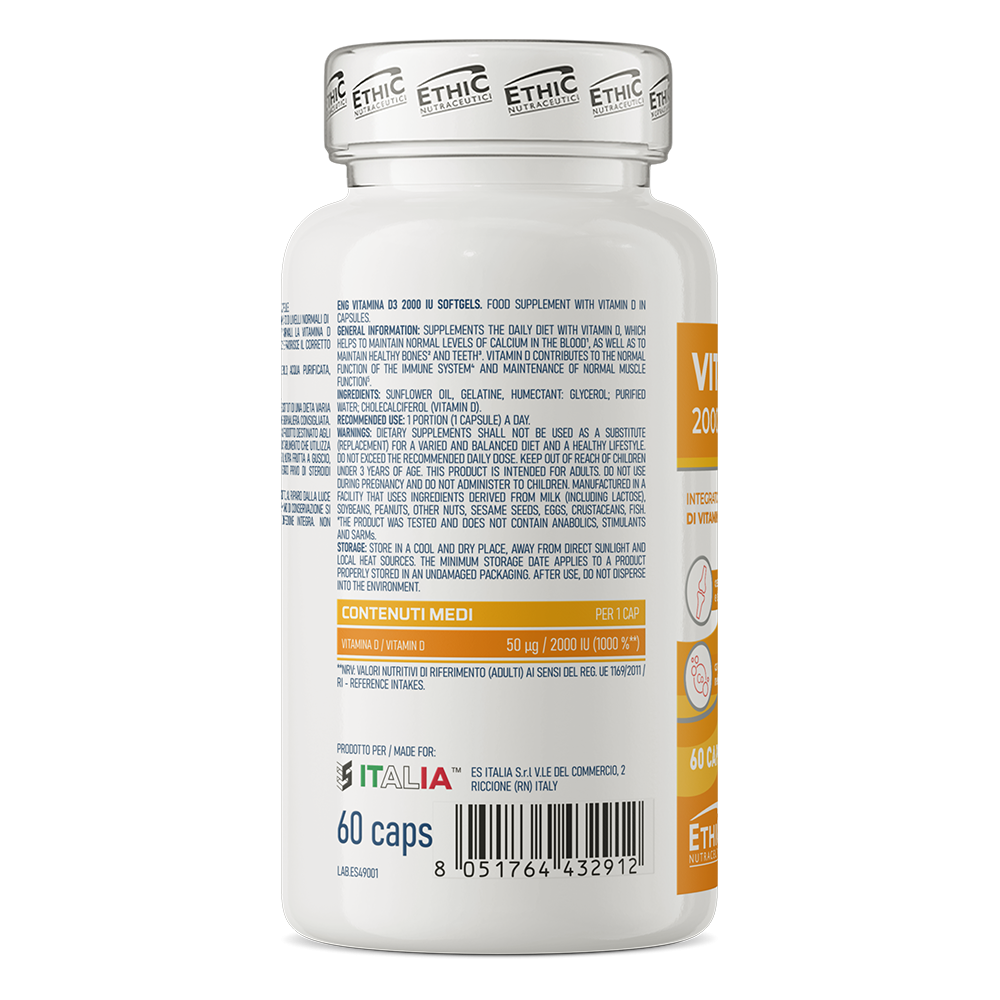 EthicSport Vitamina D3 2000 UI (60 Cápsulas) – Inmunidad, Salud Ósea y Rendimiento