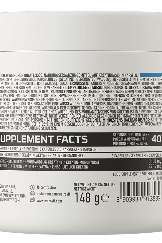 OstroVit Creatine Monohydrate 3300 mg 120 caps rótulo traseiro