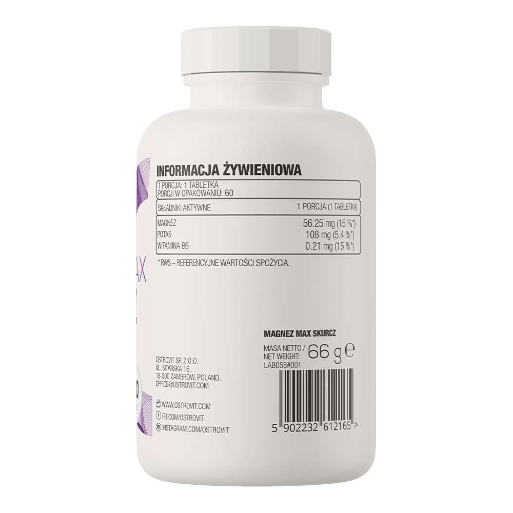 OstroVit Magnesium Max Cramp 60 tablets rótulo traseiro