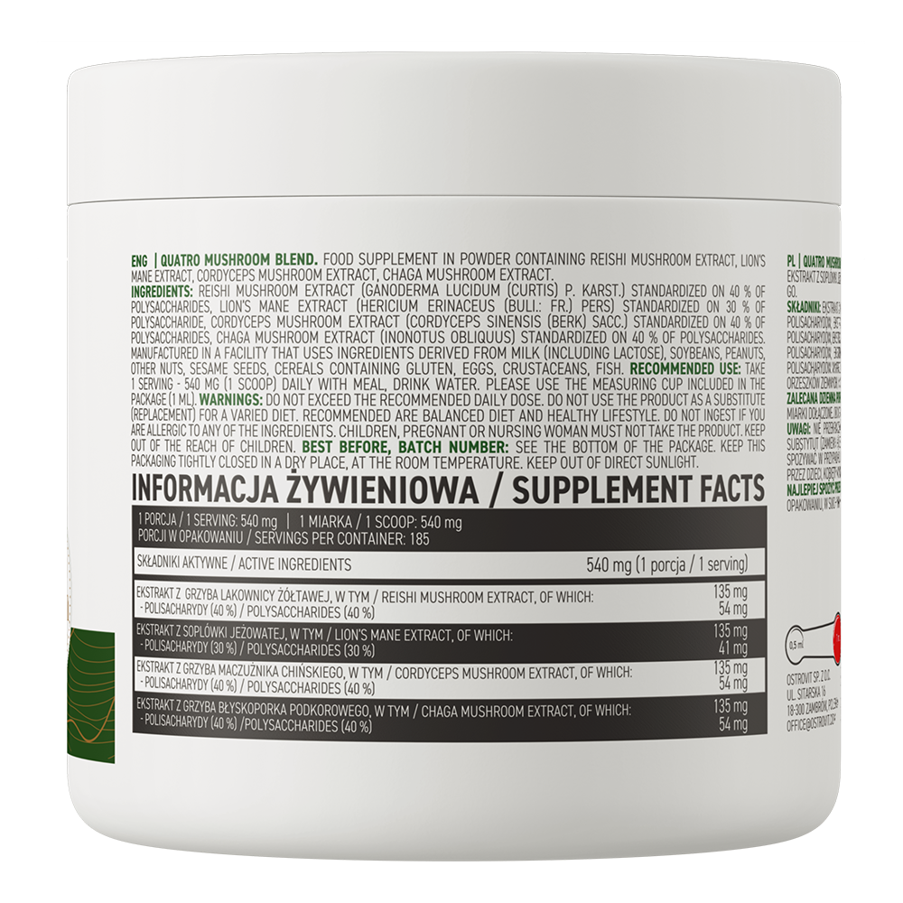OstroVit Quatro Mushroom Blend VEGE 100 g rótulo lateral
